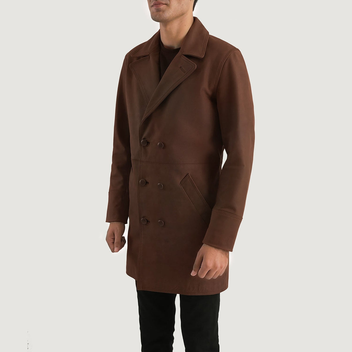 Distressed Brown Cowhide leather Coat - Back View Showing Tailored Shoulder Fit & Clean Hemline