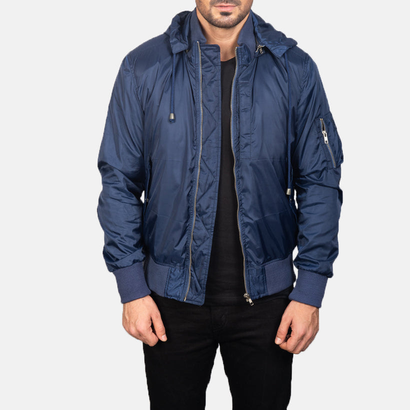 Hanklin MA-1 Синяя Hooded Кожаный бомбер мужская