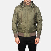 
Крупный план деталей of Knit Rib with Removable Nylon Hood & Zipper Hardware on Hanklin Ma-1 Green Hooded Bomber Jacket