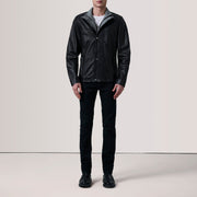 
Grey Goatskin Suede Biker Jacket - Вид сзади, подчеркивающий посадку по плечам и ровный край