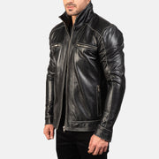 Black Cowhide Leather Biker Jacket - Back View Showing Tailored Shoulder Fit &amp; Clean Hemline