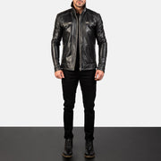 Hudson Black Leather Biker Jacket - Lateral Side Profile View Showing Sleeve Cut &amp; Athletic Taper Fit