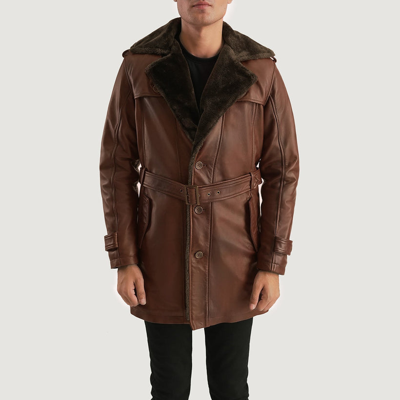 Men's Hunter Distressed Brown Fur Leather Coat in Distressed Brown Sheepskin Burnishing - Front Profile View & Tailored Silhouette | Buy Online