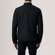 Close-Up Detail of Classic Collar &amp; Button Hardware on Irwin Black Waxed Canvas Field Jacket For Men