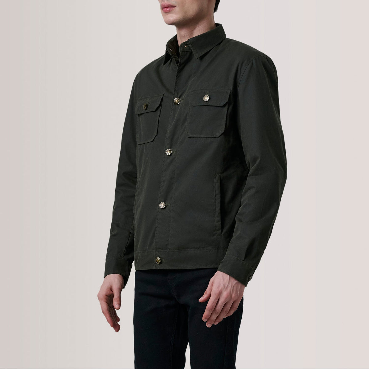 Irwin Olive Waxed Canvas Field Jacket For Men - Lateral Side Profile View Showing Sleeve Cut &amp; Athletic Taper Fit