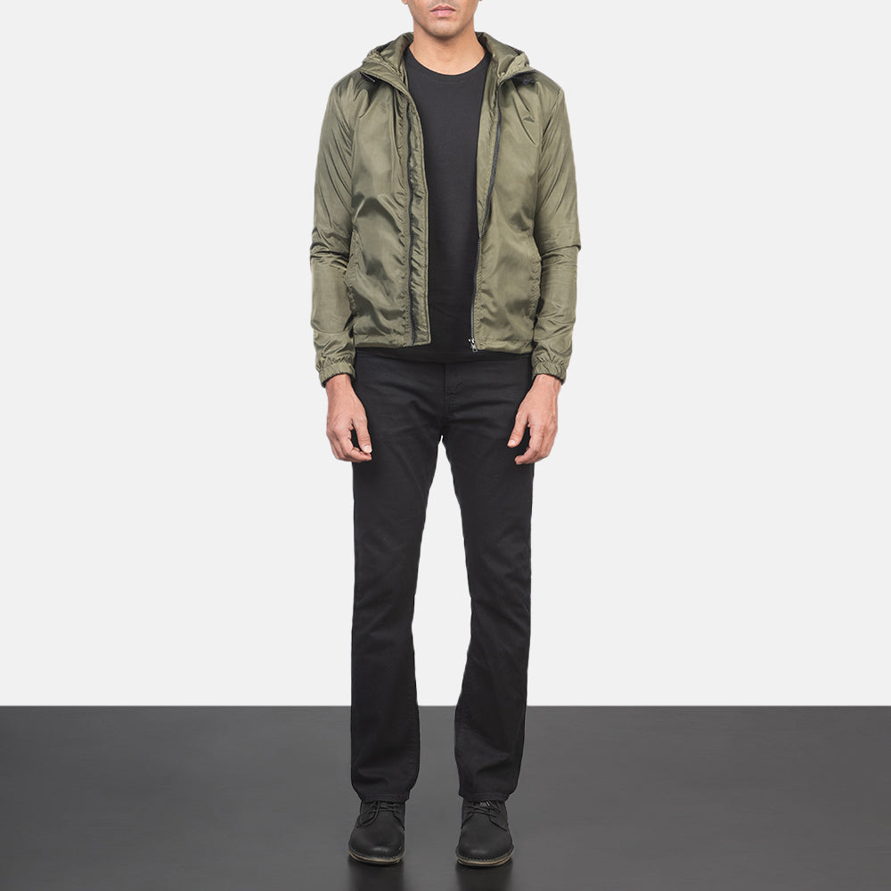 
Jimmy Оливковый Hooded Windbreaker Кожаная куртка для Мужчин - Вид сбоку, демонстрирующий эргономичный крой рукава