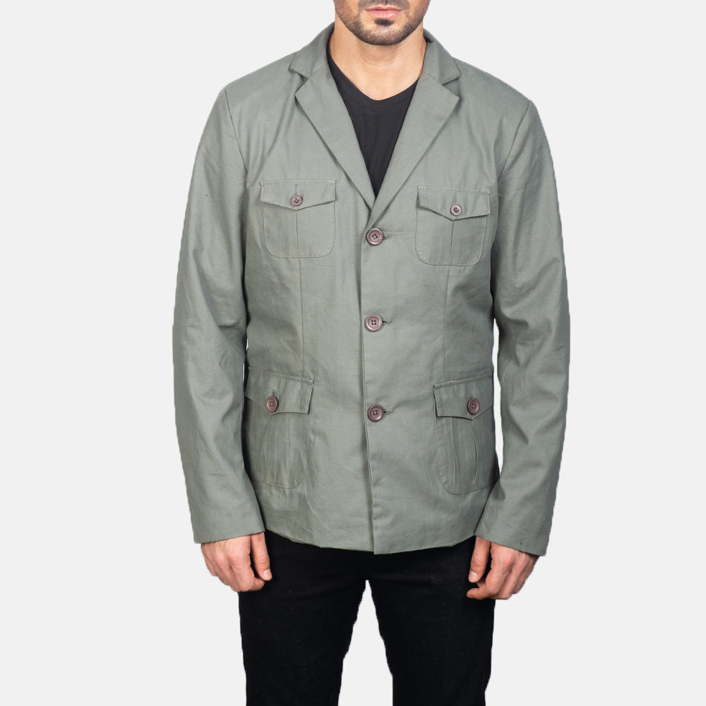 Close-Up Detail of Notch &amp; Button Hardware on Kajetan Grey Safari Jacket