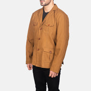 
Khaki Poly-Cotton Leather Blazer - Вид сзади, подчеркивающий посадку по плечам и ровный край