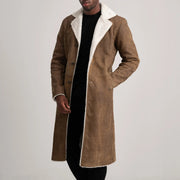 
Kolby Distressed Brown Shearling Long Coat in Distressed Brown Sheepskin Snuffed - Вид спереди и приталенный силуэт | Купить в официальном онлайн-магазине