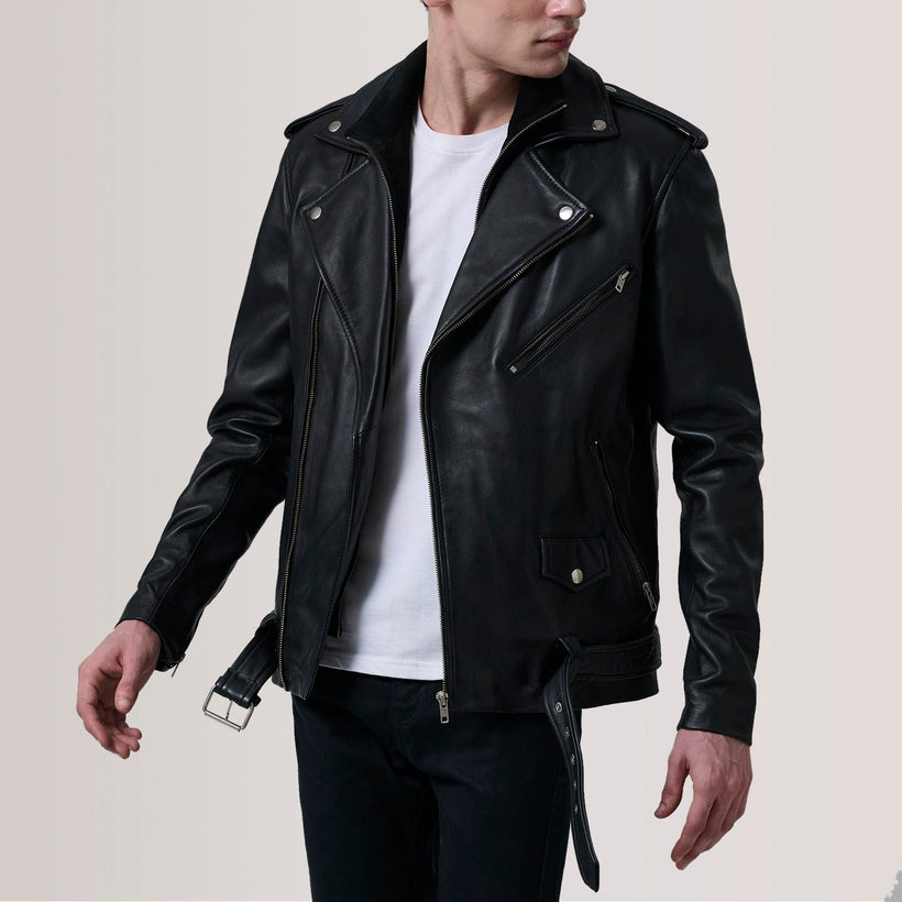 Kole Black Leather Double Rider Jacket For Men in Black Sheepskin Leather - Front Profile View & Tailored Silhouette | Buy Online
