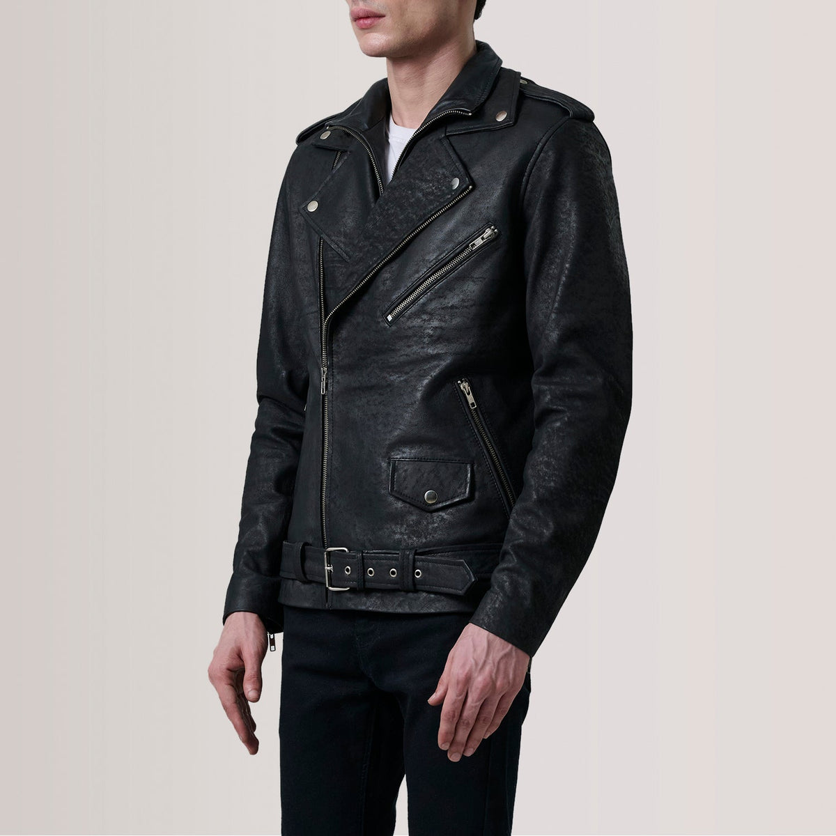 Kole Distressed Black Leather Double Rider Jacket - Lateral Side Profile View Showing Sleeve Cut &amp; Athletic Taper Fit