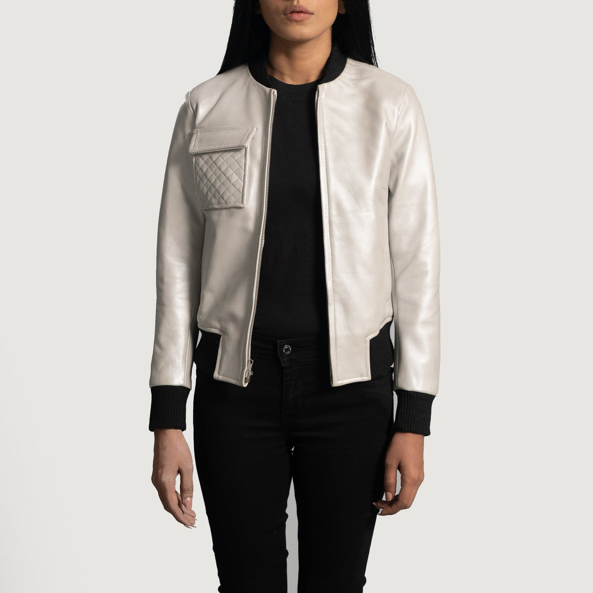 Women's Lana Silver Leather Bomber Jacket in Silver Sheepskin Leather - Front Profile View &amp; Tailored Silhouette | Buy Online