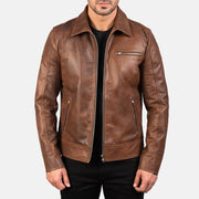 Open Hem &amp; Hem Craftsmanship Construction Detail on Men's Lavendard Brown Leather Biker Jacket