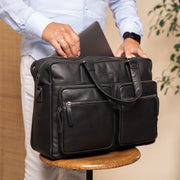 Misha Full-Grain Leather Laptop Bag - Structured Side Profile Showing Gusset Depth &amp; Expansion Capacity