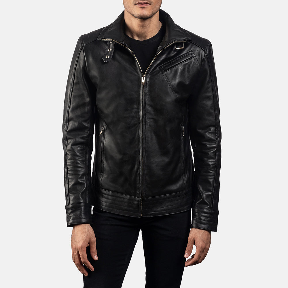 Close-Up Detail of High neck with Belt &amp; Zipper Hardware on Men's Legacy Black Leather Biker Jacket