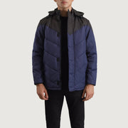 
Luka Черный & Синий Hooded Puffer Кожаная куртка для Мужчин in Black & Blue Full-Grain Leather - Вид спереди и приталенный силуэт | Купить в официальном онлайн-магазине
