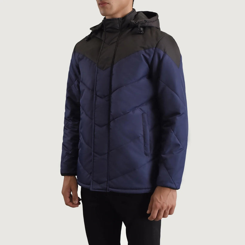 Luka Черный & Синий Hooded Puffer Кожаная куртка для Мужчин