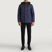 
Luka Черный & Синий Hooded Puffer Кожаная куртка для Мужчин - Вид сбоку, демонстрирующий эргономичный крой рукава