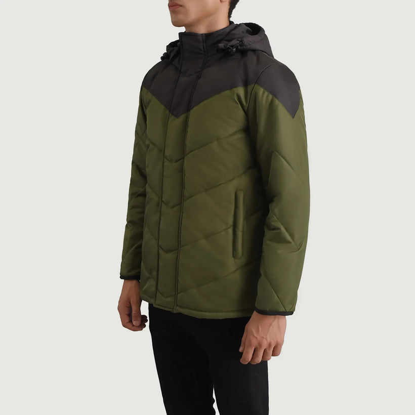 Luka Черный & Оливковый Hooded Puffer Кожаная куртка для Мужчин