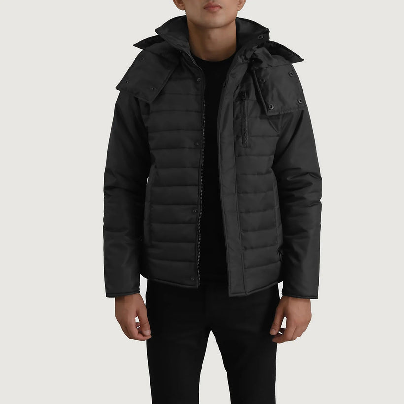 Malcolm Черный Hooded Puffer Кожаная куртка для Мужчин