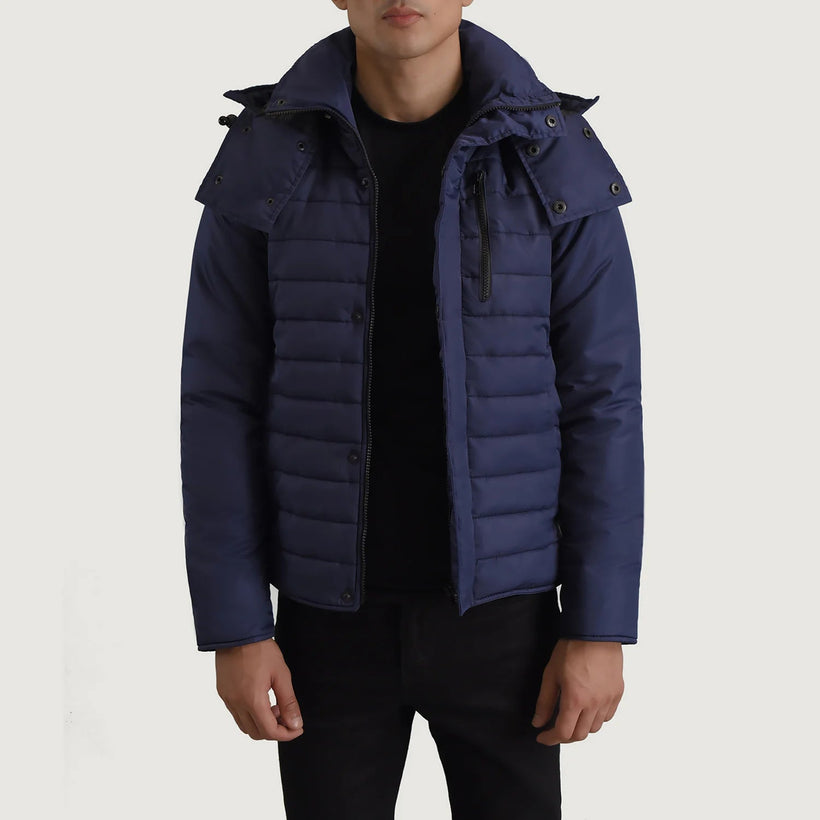 Malcolm Синий Hooded Puffer Кожаная куртка для Мужчин