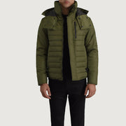
Malcolm Оливковый Hooded Puffer Кожаная куртка для Мужчин in Green Full-Grain Leather - Вид спереди и приталенный силуэт | Купить в официальном онлайн-магазине