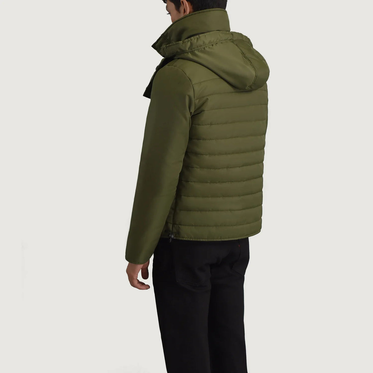 
Green Full-Grain Leather Hooded Jacket - Вид сзади, подчеркивающий посадку по плечам и ровный край