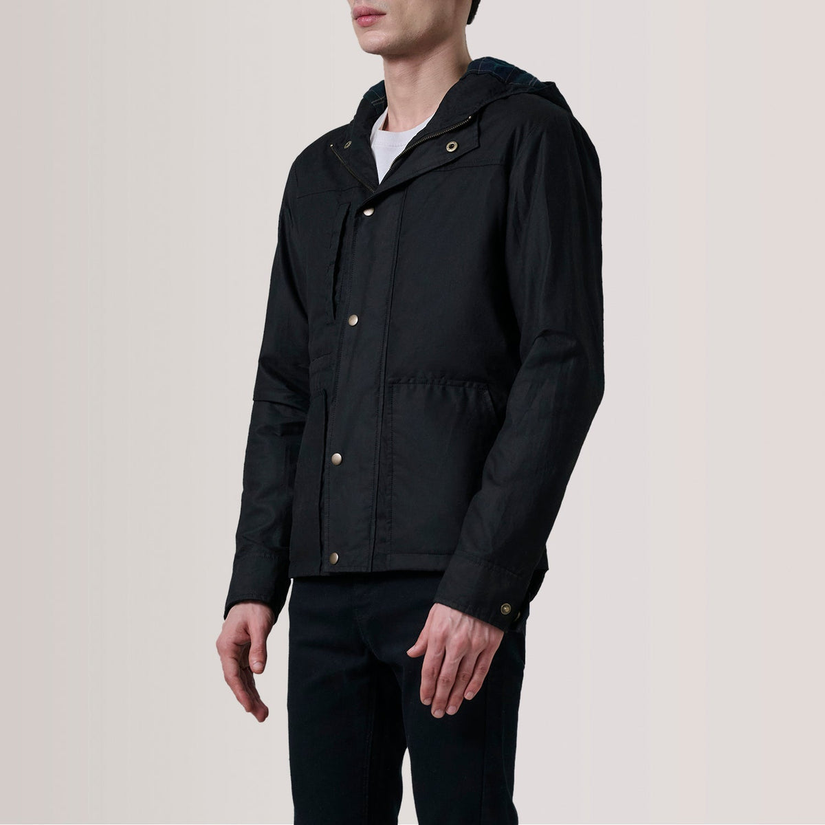 
Marlo Черный Canvas Hooded Work Кожаная куртка для Мужчин For Men - Вид сбоку, демонстрирующий эргономичный крой рукава