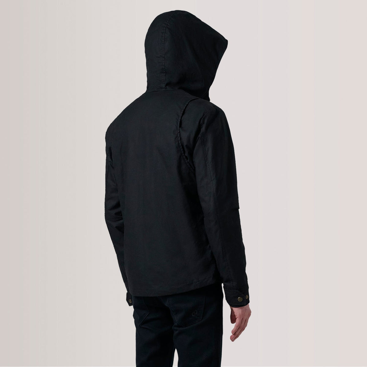 
Крупный план деталей of Hooded & Zipper with placket Hardware on Marlo Черный Canvas Hooded Work Кожаная куртка для Мужчин For Men
