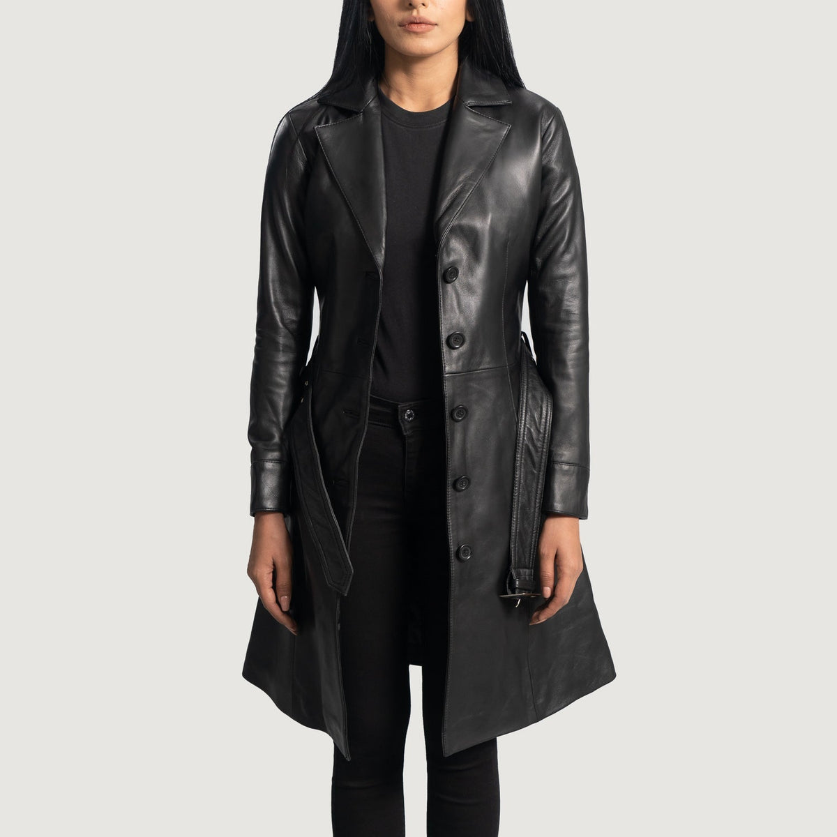
Moonlight Черный Кожаный тренчкот для Женщин in Black Sheepskin Leather - Вид спереди и приталенный силуэт | Купить в официальном онлайн-магазине