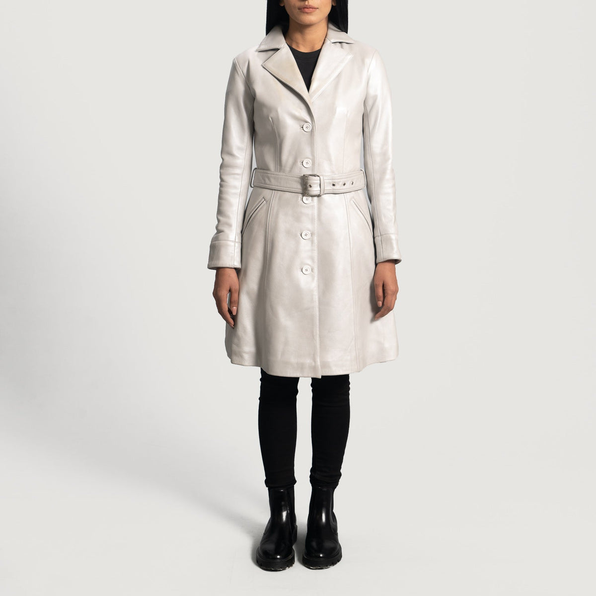 Close-Up Detail of Notch &amp; Button Hardware on Women's Moonlight Silver Leather Trench Coat