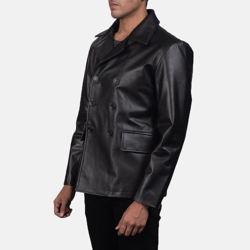 
Mr. Bailey Черный Leather Naval Peacoat для Мужчин - Вид сзади, подчеркивающий посадку по плечам и ровный край