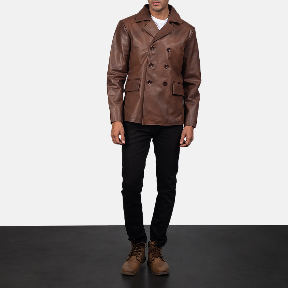 Mr. Bailey Brown Leather Naval Peacoat - Lateral Side Profile View Showing Sleeve Cut &amp; Athletic Taper Fit