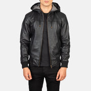 
Nintenzo Black Hooded Leather Jacket in Black Sheepskin Leather - Вид спереди и приталенный силуэт | Купить в официальном онлайн-магазине