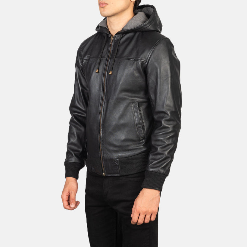 Black Sheepskin Leather Hooded Jacket - Back View Showing Tailored Shoulder Fit & Clean Hemline