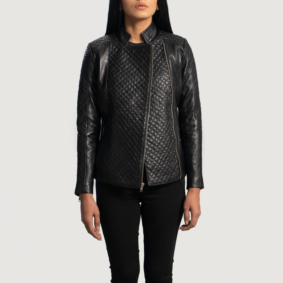 Women's Orient Grain Quilted Black Leather Biker Jacket - Lateral Side Profile View Showing Sleeve Cut &amp; Athletic Taper Fit