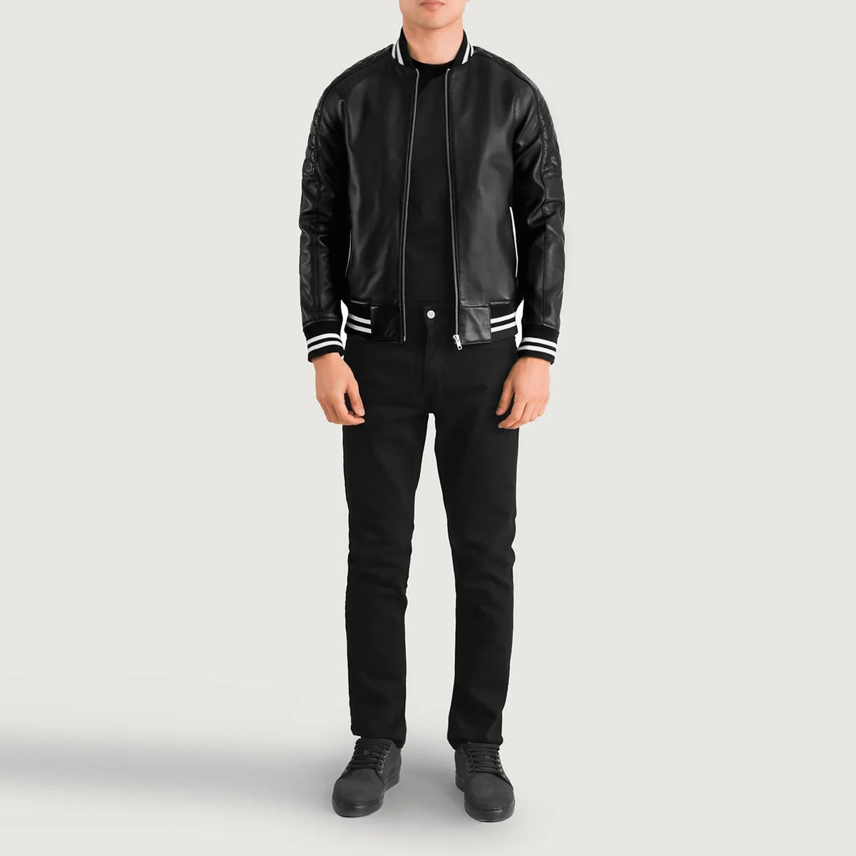 Close-Up Detail of Varsity collar &amp; Zipper Hardware on Pascal Black Leather Varsity Jacket