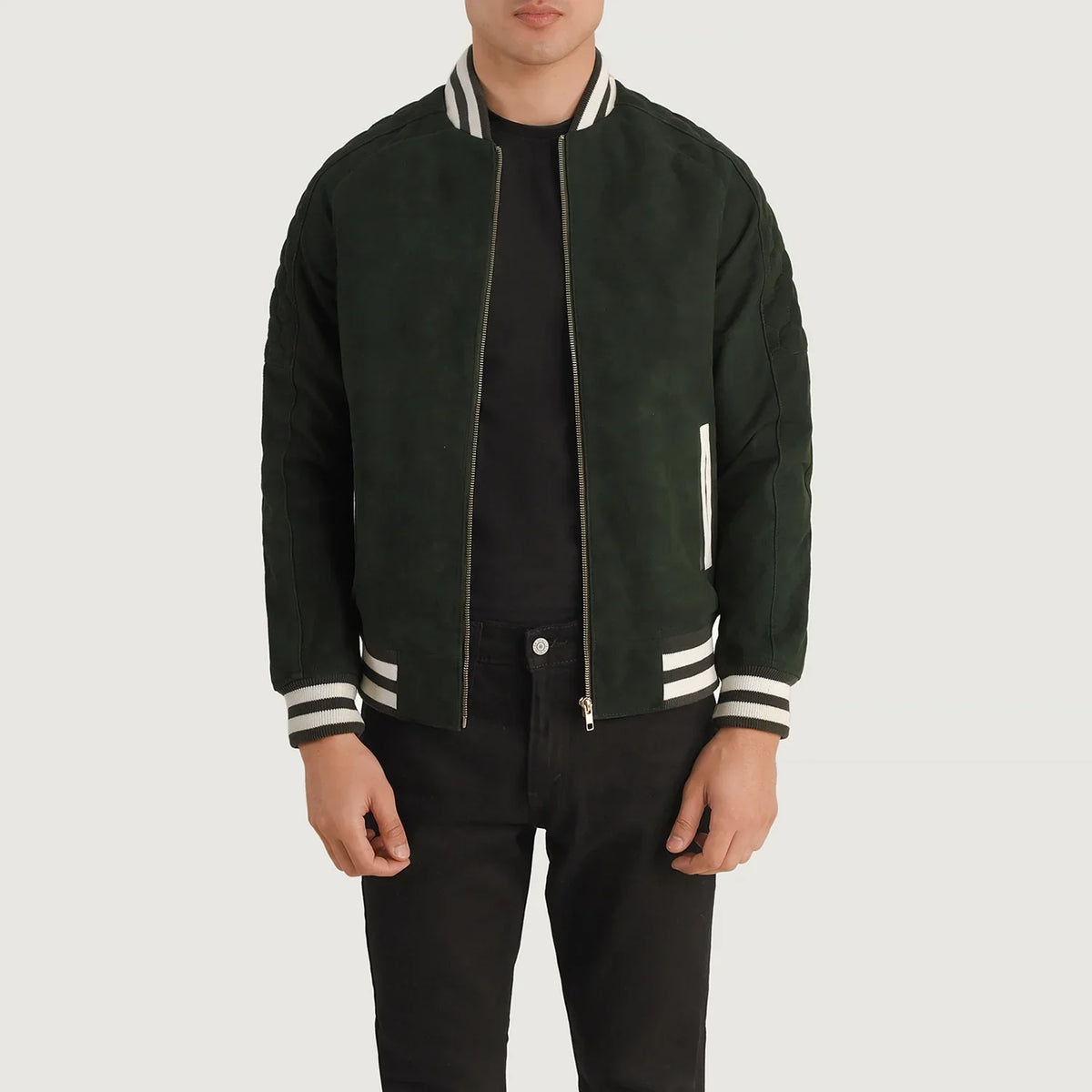 Pascal Green Suede Varsity Jacket in Green Goatskin Suede - Front Profile View &amp; Tailored Silhouette | Buy Online
