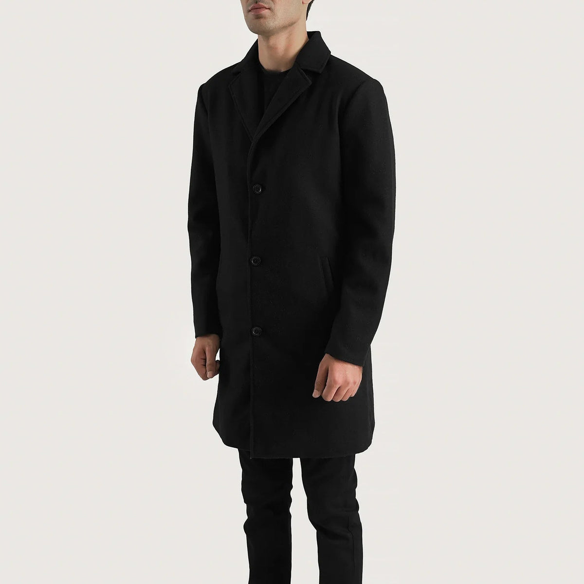 Black Synthetic Wool Trench Coat - Back View Showing Tailored Shoulder Fit &amp; Clean Hemline