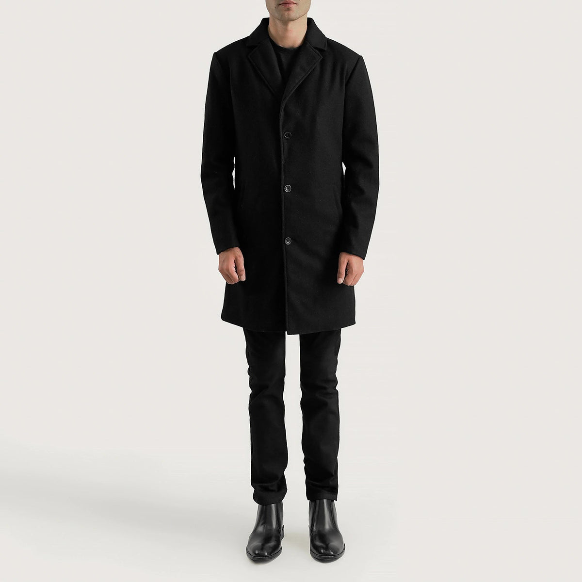 Petrillo Black Wool Single Breasted Coat - Lateral Side Profile View Showing Sleeve Cut &amp; Athletic Taper Fit