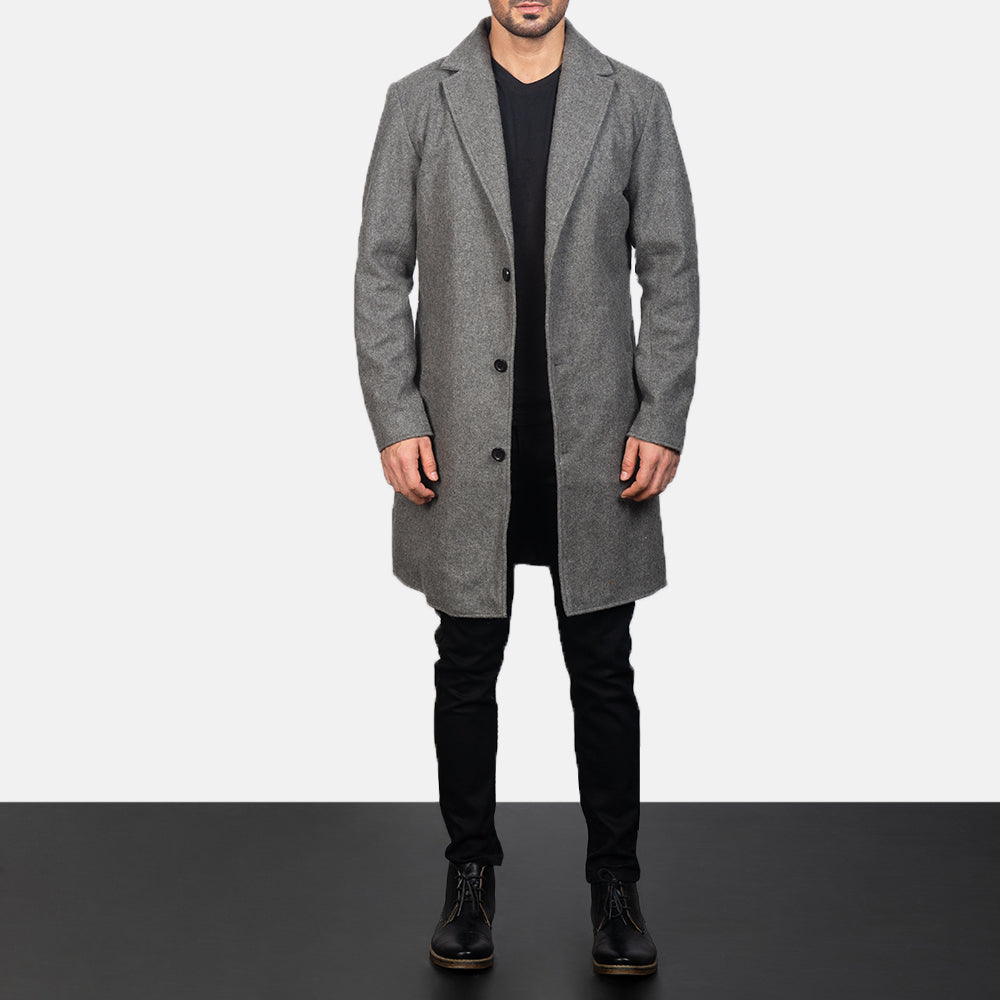 
Крупный план деталей of Notch & Button Hardware on Petrillo Grey Wool Single Breasted Кожаное пальто для Мужчин