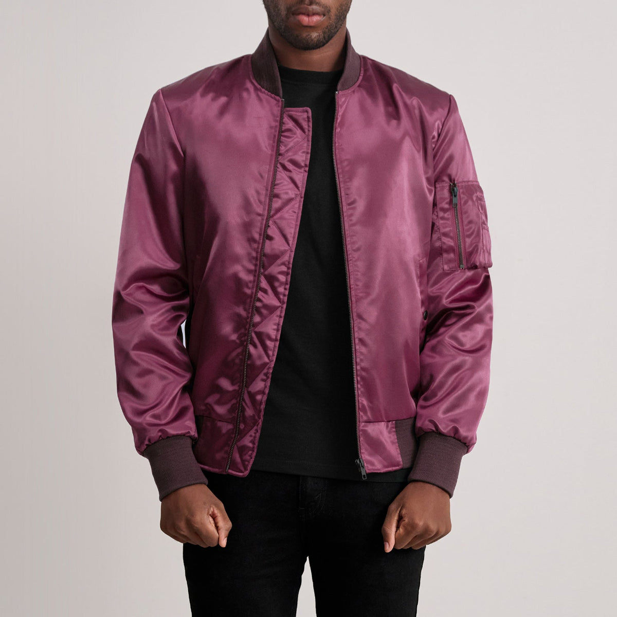 Quinton MA-1 Maroon Bomber Jacket - Lateral Side Profile View Showing Sleeve Cut &amp; Athletic Taper Fit