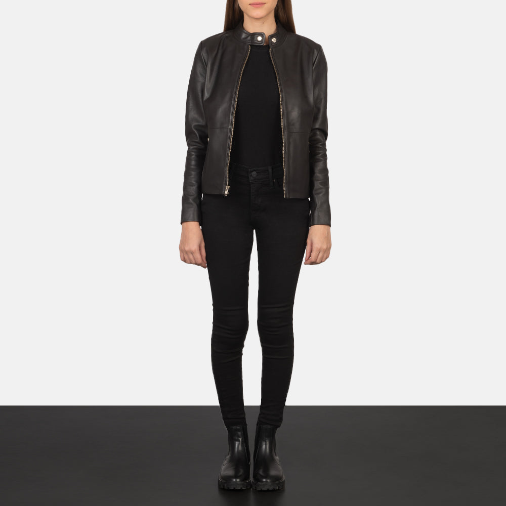 Women's Rave Brown Leather Biker Jacket - Lateral Side Profile View Showing Sleeve Cut &amp; Athletic Taper Fit