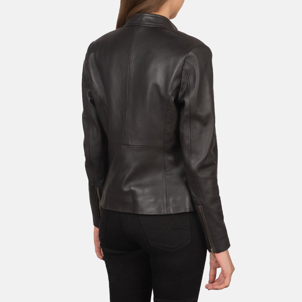 Close-Up Detail of Band with snap button &amp; Zipper Hardware on Women's Rave Brown Leather Biker Jacket