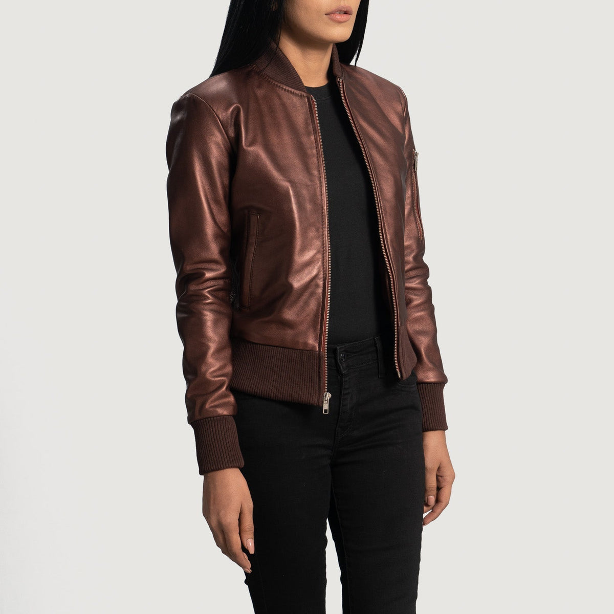 Women's Reida Maroon Leather Bomber Jacket - Lateral Side Profile View Showing Sleeve Cut &amp; Athletic Taper Fit