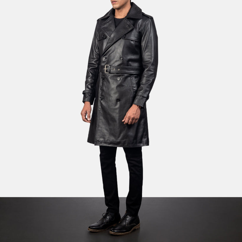 Royson Черный Leather Duster Кожаное пальто для Мужчин