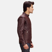 
Maroon Sheepskin Leather Biker Jacket - Вид сзади, подчеркивающий посадку по плечам и ровный край
