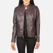 
Rumella Maroon Leather Biker Jacket in Maroon Sheepskin Leather - Вид спереди и приталенный силуэт | Купить в официальном онлайн-магазине
