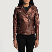 
Rumy Maroon Leather Biker Jacket in Maroon Sheepskin Leather - Вид спереди и приталенный силуэт | Купить в официальном онлайн-магазине