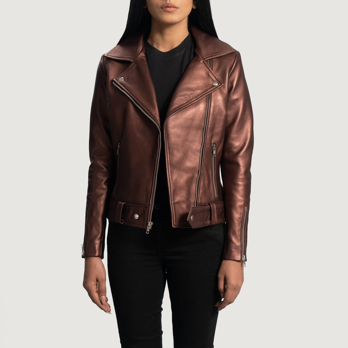 
Rumy Maroon Leather Biker Jacket - Вид сбоку, демонстрирующий эргономичный крой рукава